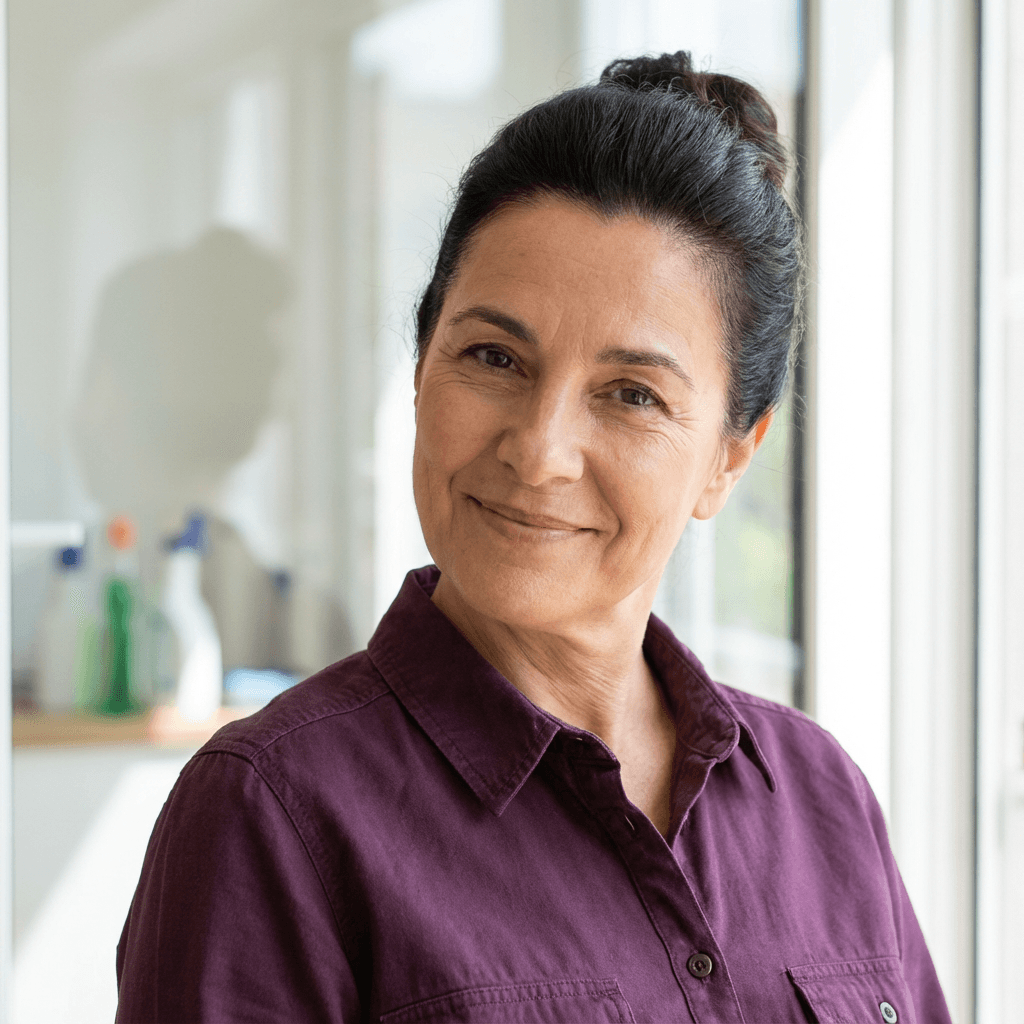 Professional cleaner smiling in a bright kitchen with cleaning supplies nearby