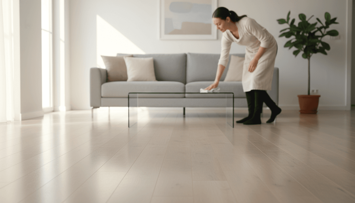 Bright, tidy living room with a professional cleaner dusting a coffee table