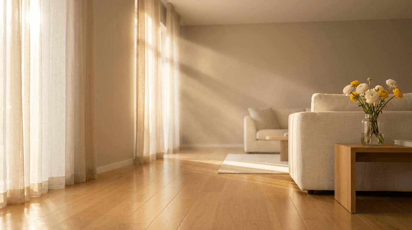 Bright living room with clean floors and natural light