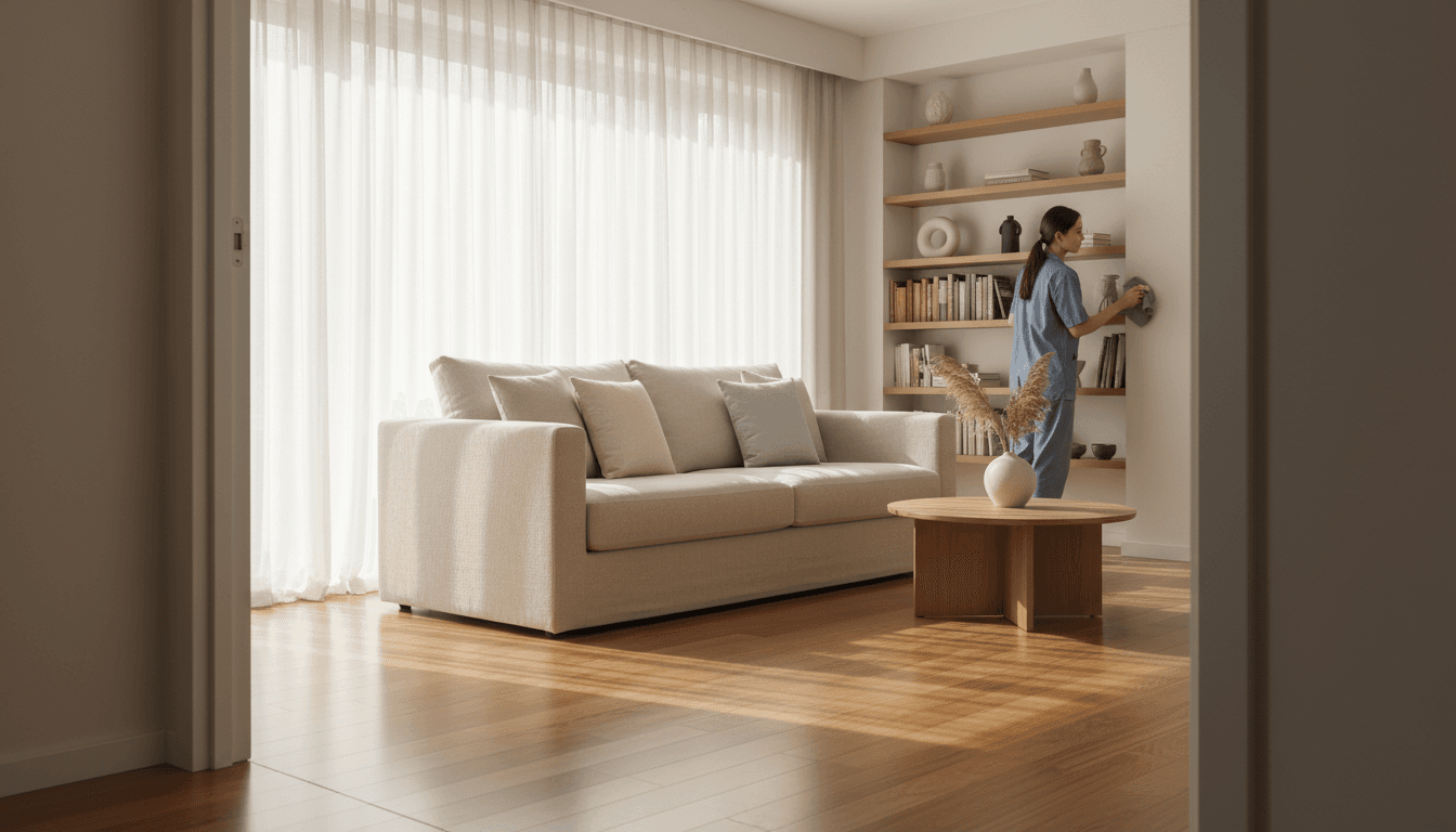 Clean, organized living room with natural light streaming through windows
